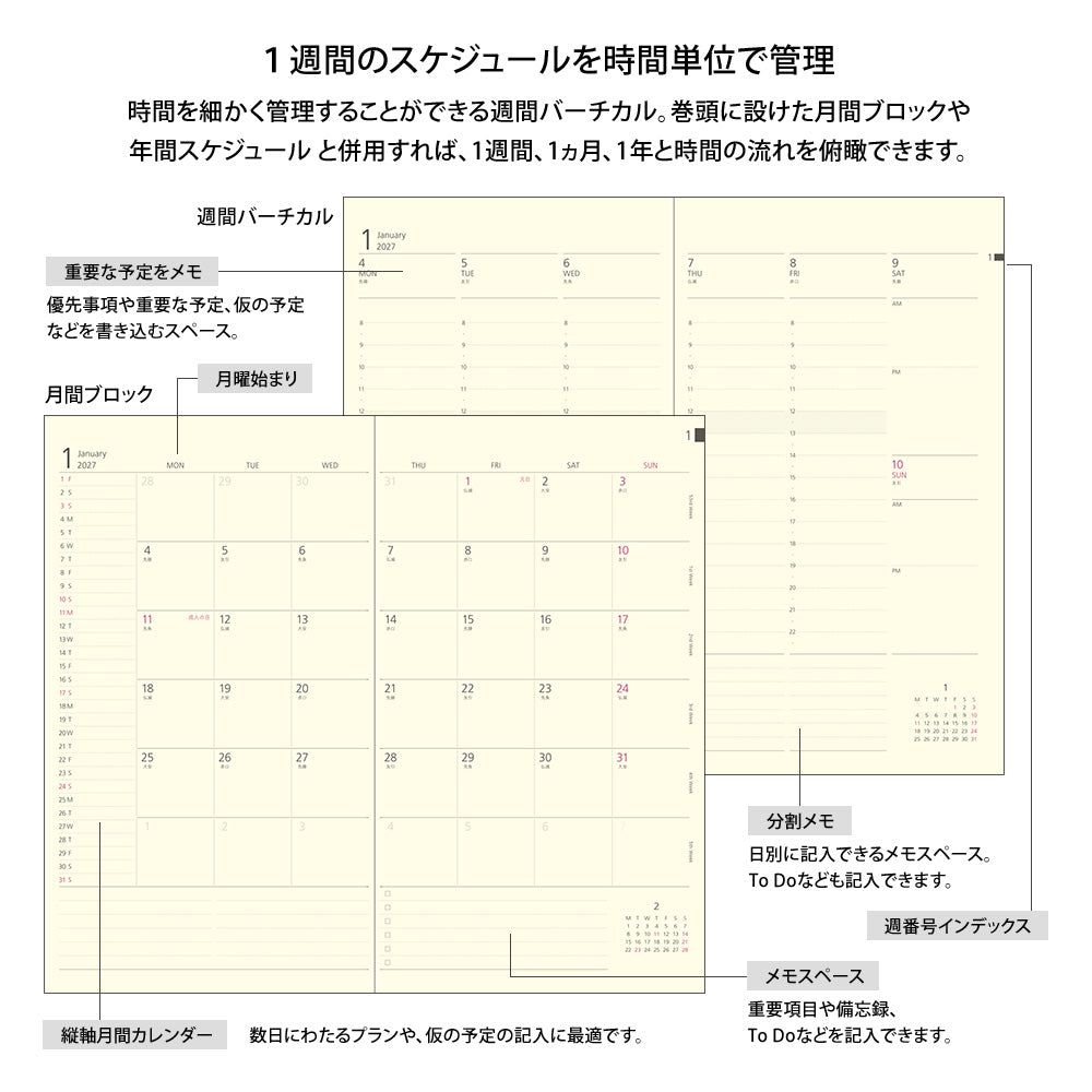 Midori Wochenplaner Professional Diary PRD Slim Weekly Vertical Black 2027 bei Nauli and Stories