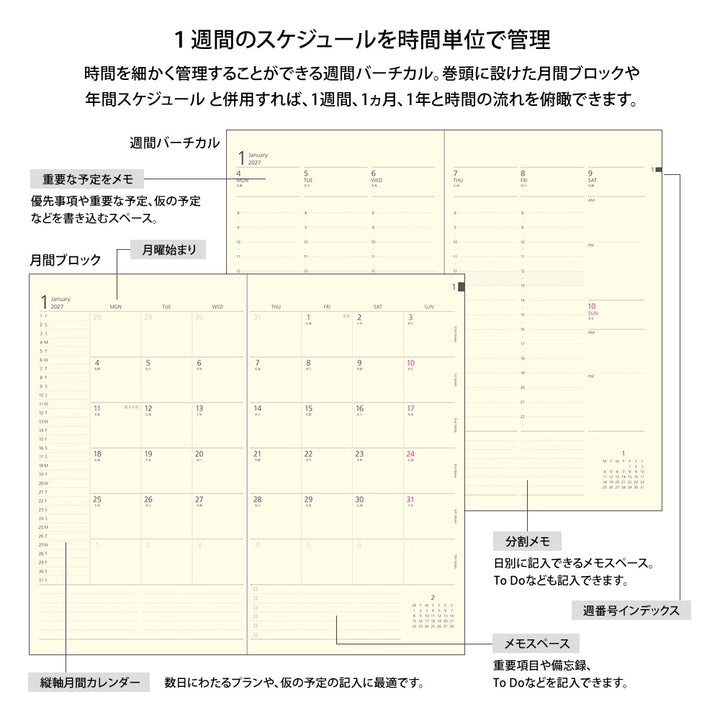 Midori Wochenplaner Professional Diary PRD Slim Weekly Vertical Black 2027 bei Nauli and Stories
