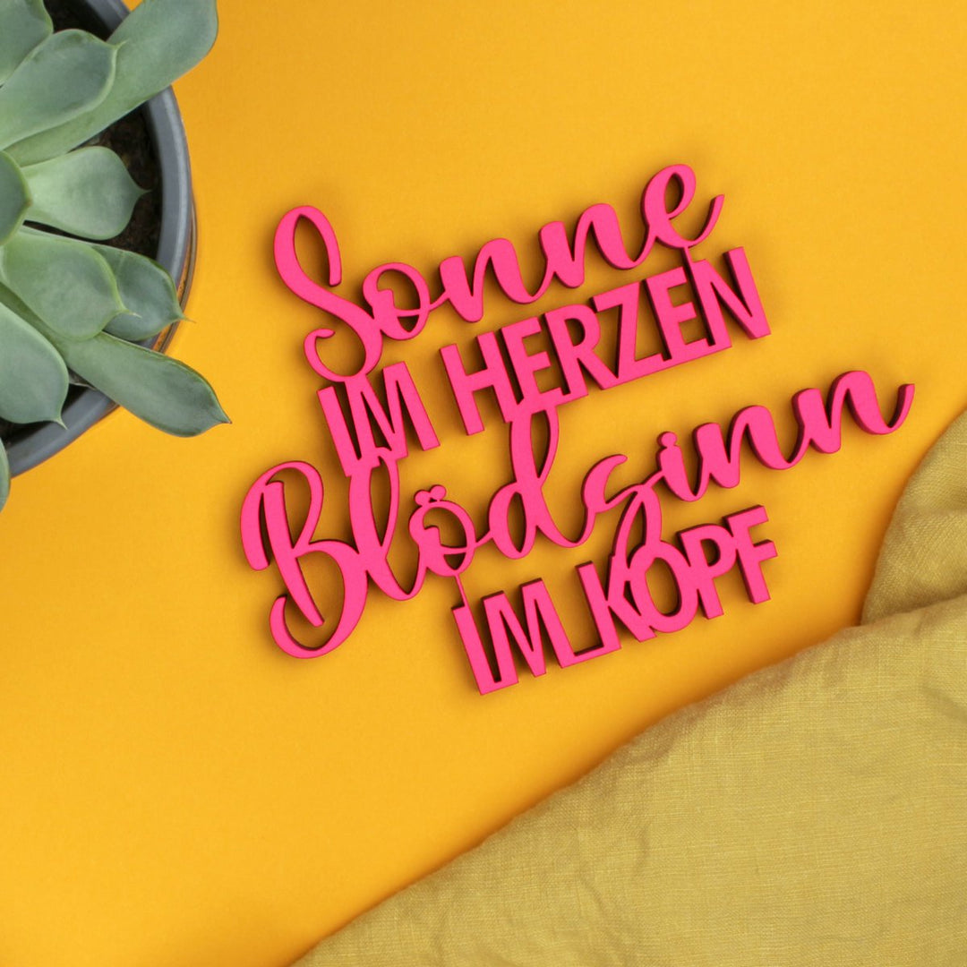 NoGallery Schriftzug Sonne im Herzen, Blödsinn im Kopf  - pink - 3D Holzschriftzug bei Nauli and Stories