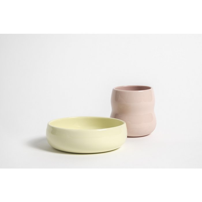 Zaunkönig Kindergeschirr Porzellan- Becher und Schale für Kleine rosa gelb bei Nauli and Stories